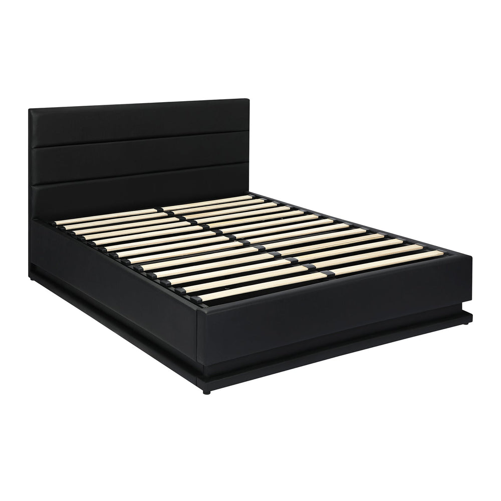 Oikiture RGB LED Bed Frame Double Size Gas Lift Base With Storage Black Leather