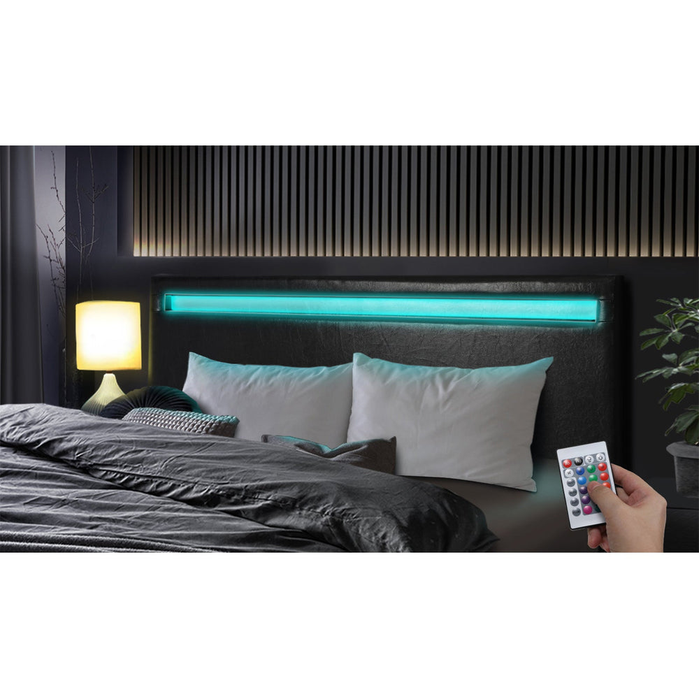 Oikiture Bed Frame RGB LED Double Size Mattress Base Platform Wooden PU Leather