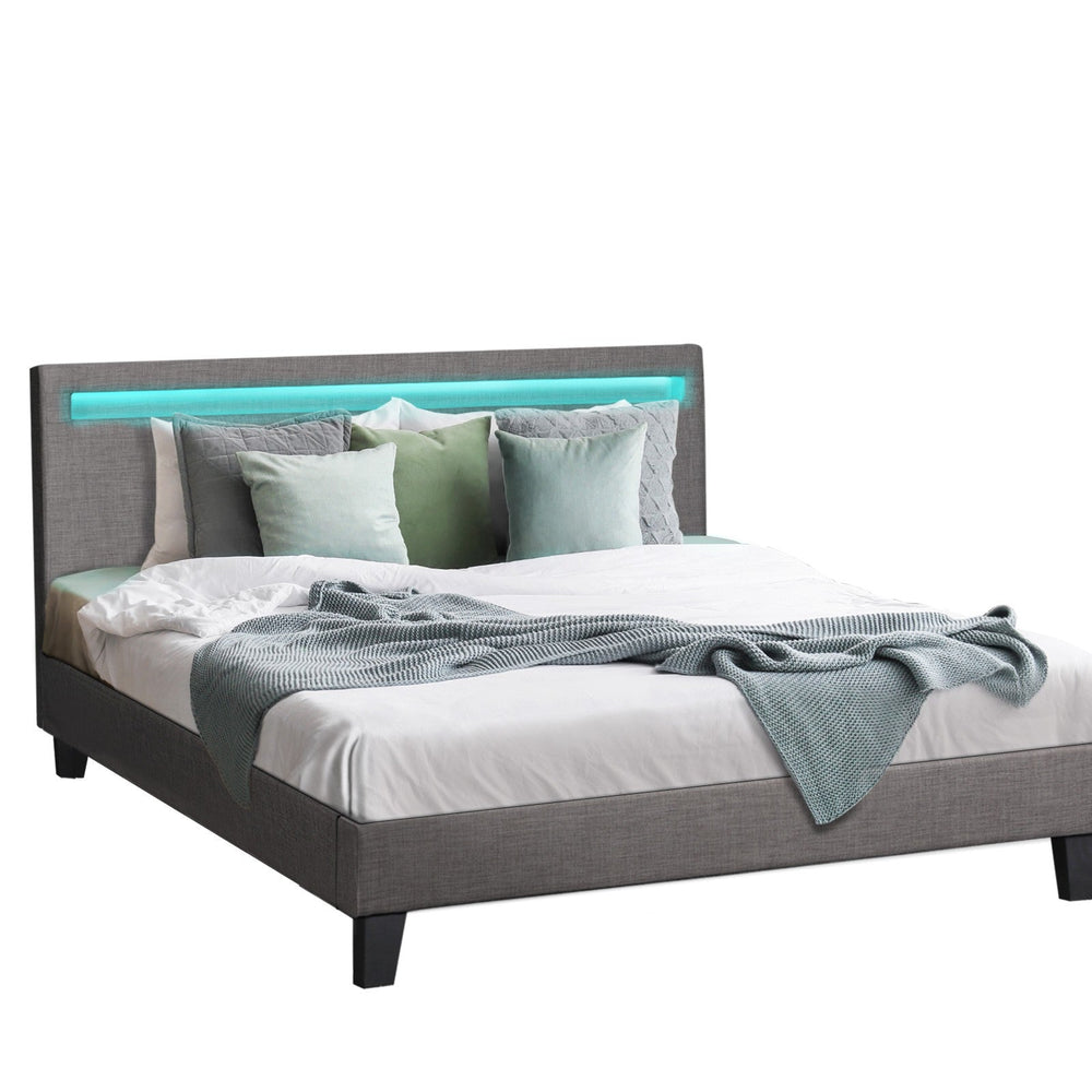 Oikiture Bed Frame RGB LED King Size Mattress Base Platform Wooden Grey Fabric