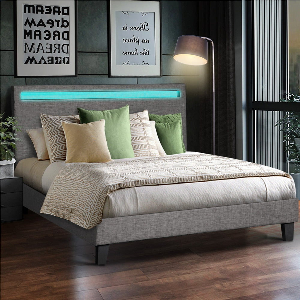 Oikiture Bed Frame RGB LED Queen Size Mattress Base Platform Wooden Grey Fabric