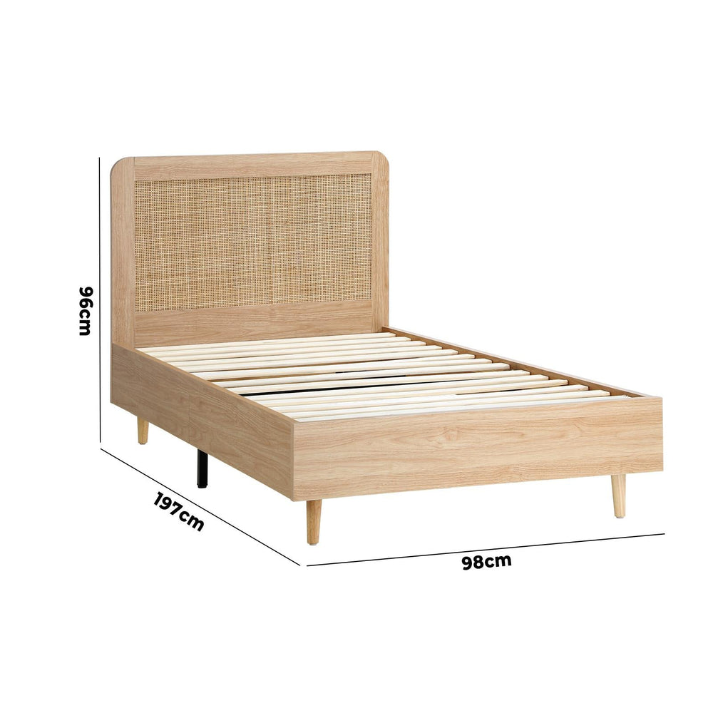 Oikiture Bed Frame Single Size Wooden Bed Frame Rattan Headboard