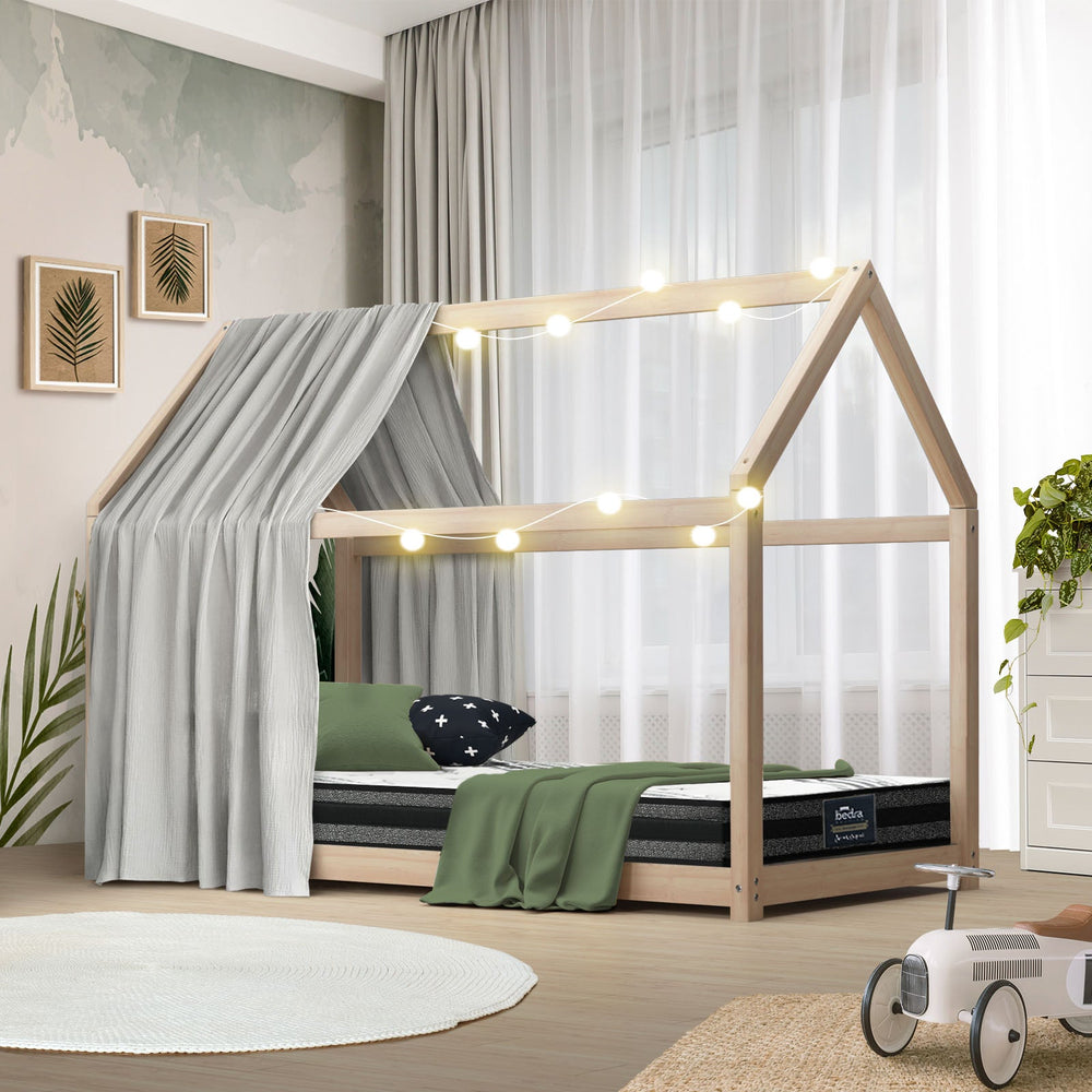 Oikiture Kids Bed Frame With Single Mattress Set House Style Wooden