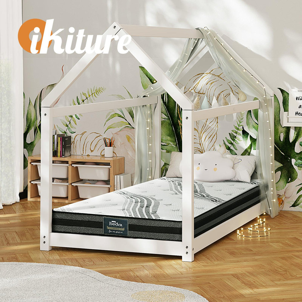 Oikiture Kids Bed Frame With Single Mattress Set House Style White