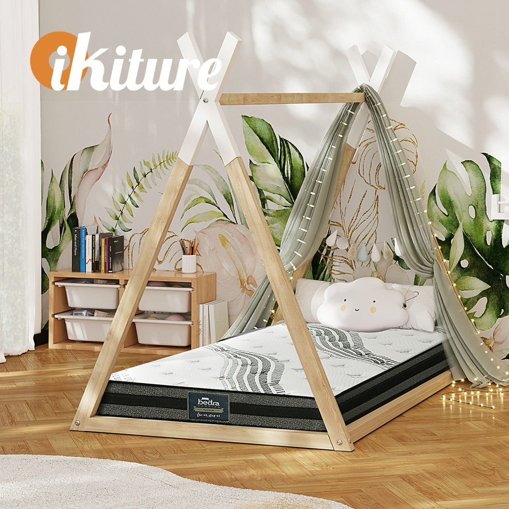 Oikiture Kids Bed Frame With Single Mattress Set Teepee House Style