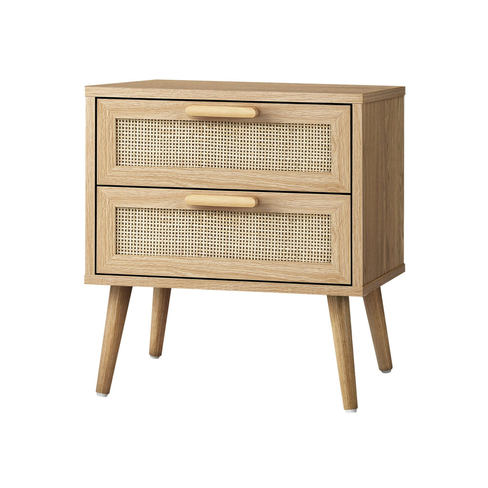 Oikiture Bedside Table 2 Drawers Rattan Bedroom Storage Cabinet Furniture Wood