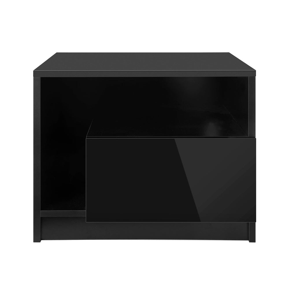 Oikiture Bedside Tables RGB LED Side Table Drawers High Gloss Nightstand Black