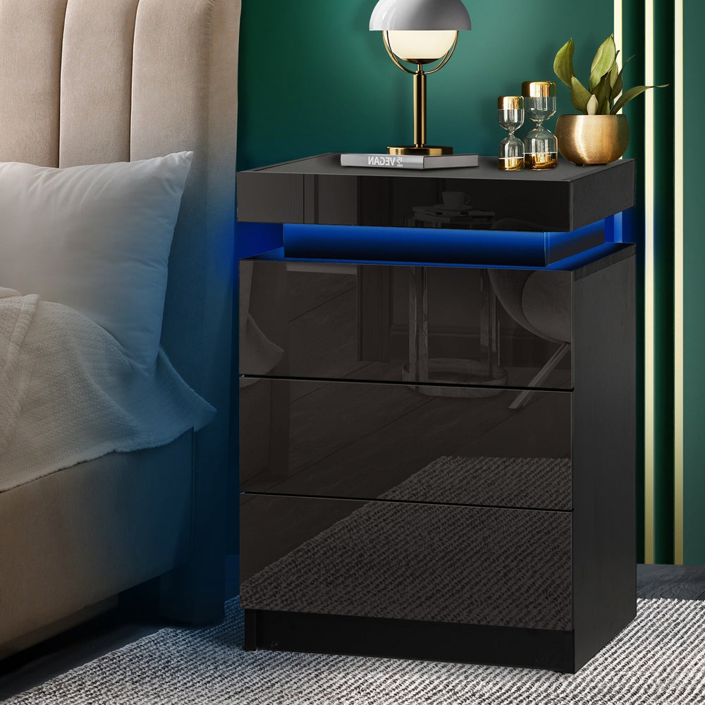 Oikiture Bedside Tables 3 Drawers Side Table RGB LED High Gloss Nightstand Cabinet