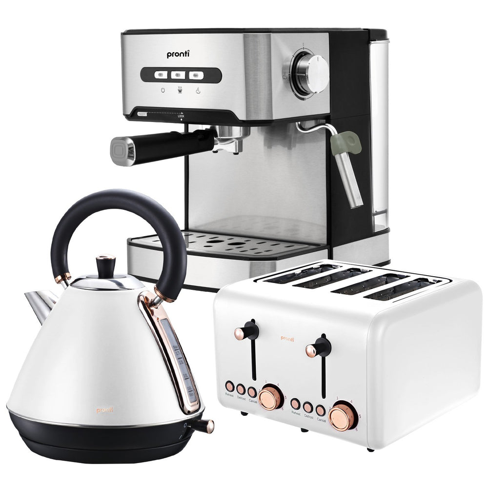 Pronti Toaster, Kettle &amp; Coffee Machine Breakfast Set - White