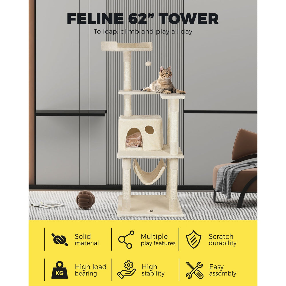 1.6M Cat Tree Scratching Post Scratcher Tower House Furniture Bed Stand Beige