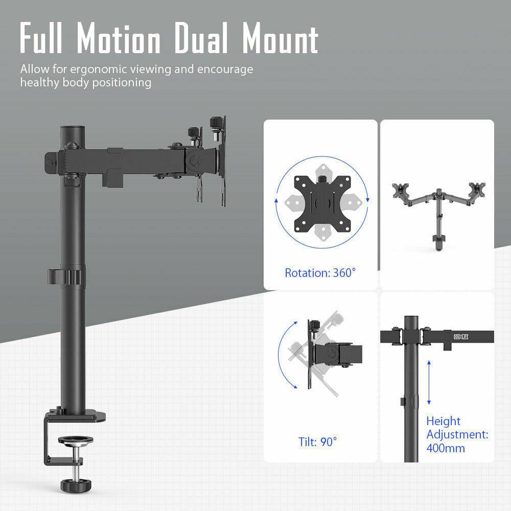 Dual LCD / LED Monitor Desk Mount Stand Heavy Duty Fully Adjustable fits 2 Screens up to 27&quot;