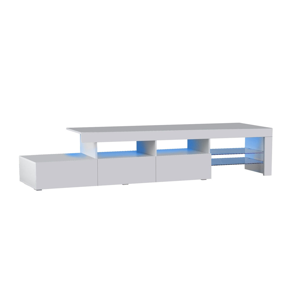 Oikiture TV Stand Cabinet LED Entertainment Unit Gloss Wooden 3 Drawers White