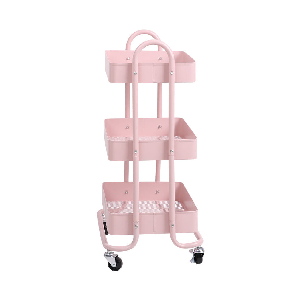 Levede 3 Tiers Kitchen Trolley Cart Steel Storage Rack Shelf Organiser Pink