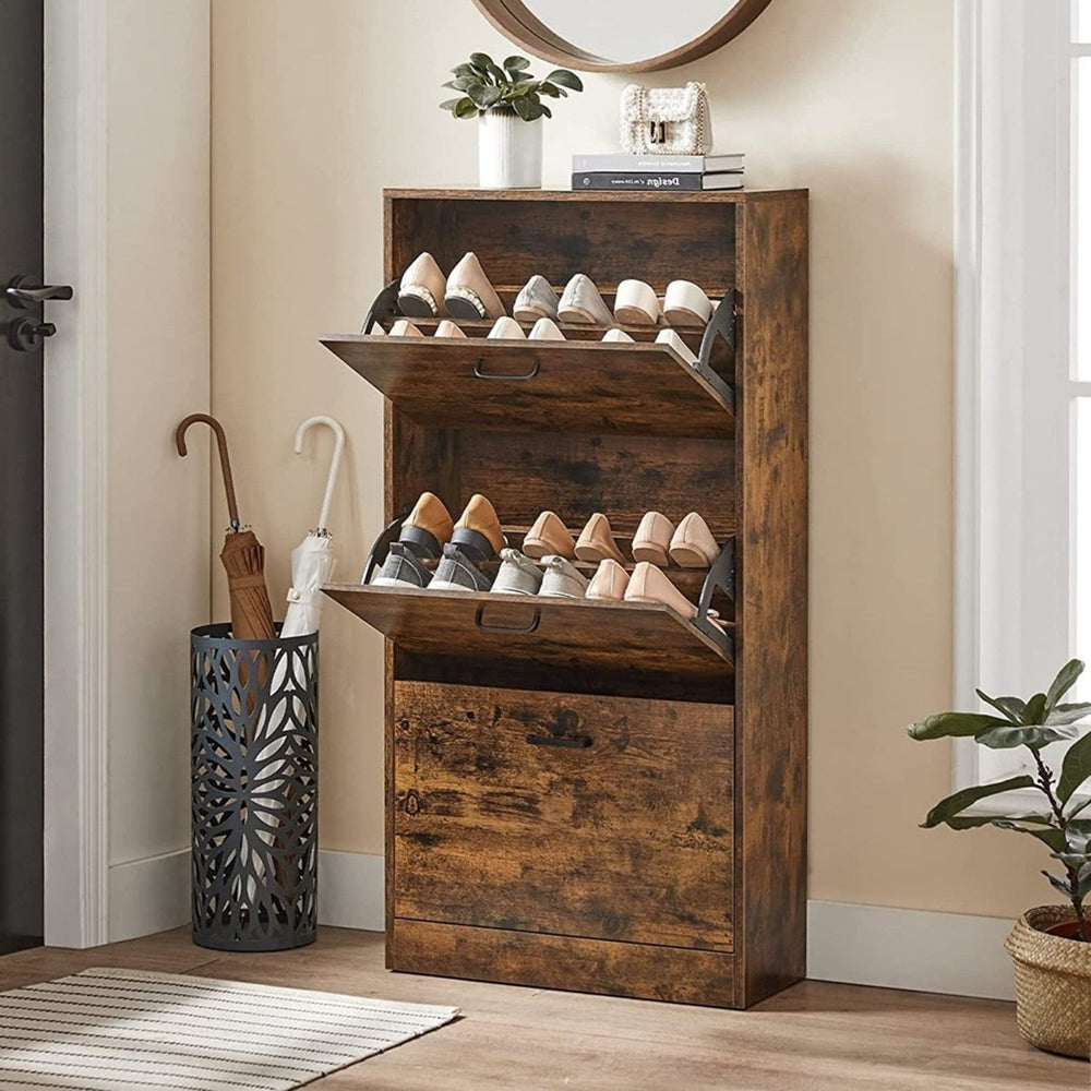 VASAGLE Shoe Cabinet 3 Tier with Shelf Rustic Brown and Black