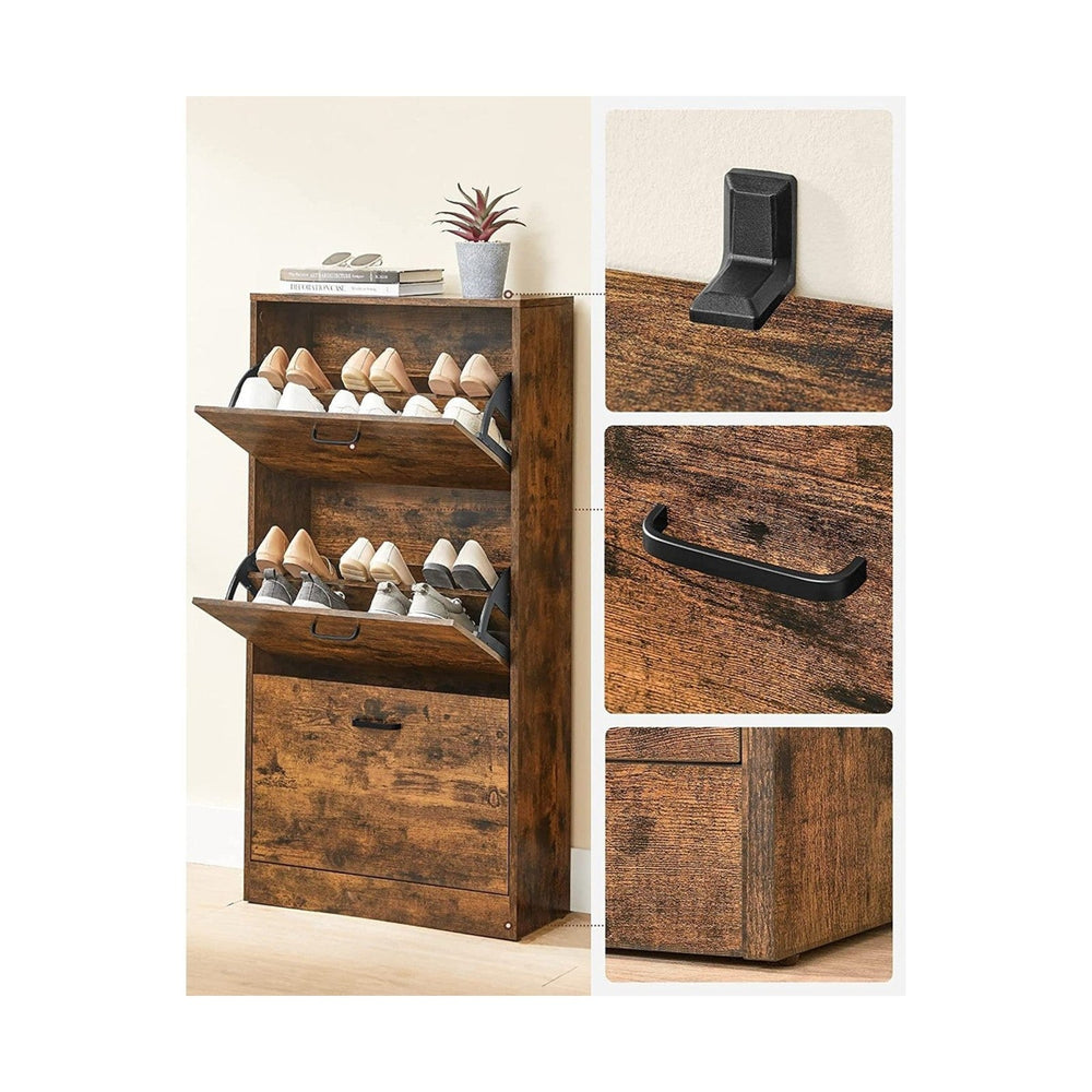 VASAGLE Shoe Cabinet 3 Tier with Shelf Rustic Brown and Black
