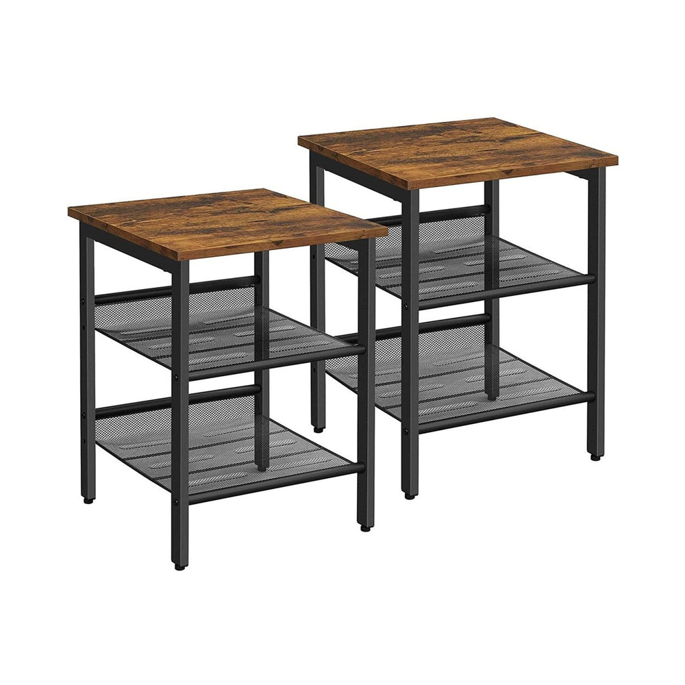 VASAGLE Set of 2 Rustic Brown and Black Side Table with Adjustable Mesh Shelves