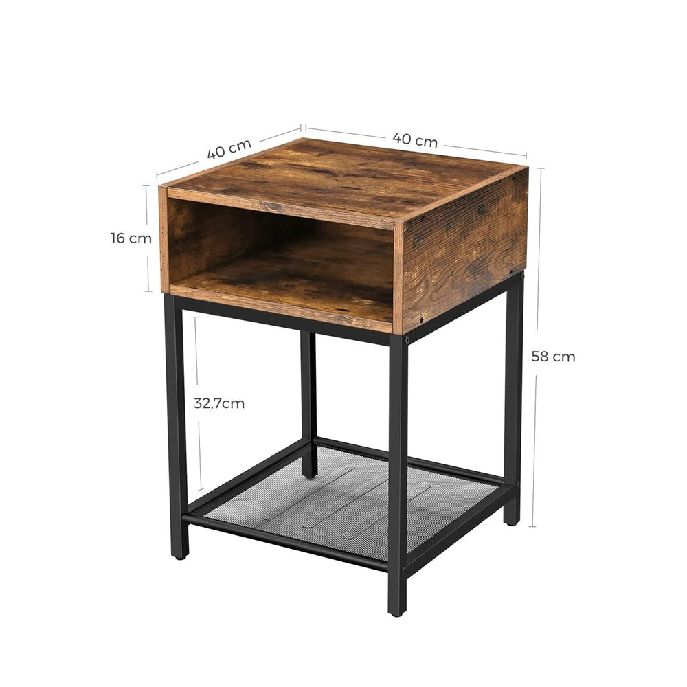 VASAGLE Industrial Rustic Brown and Black Nightstand Side Table with Open Compartment and Mesh Shelf