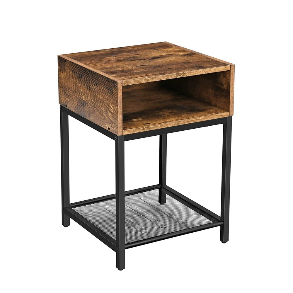 VASAGLE Industrial Rustic Brown and Black Nightstand Side Table with Open Compartment and Mesh Shelf