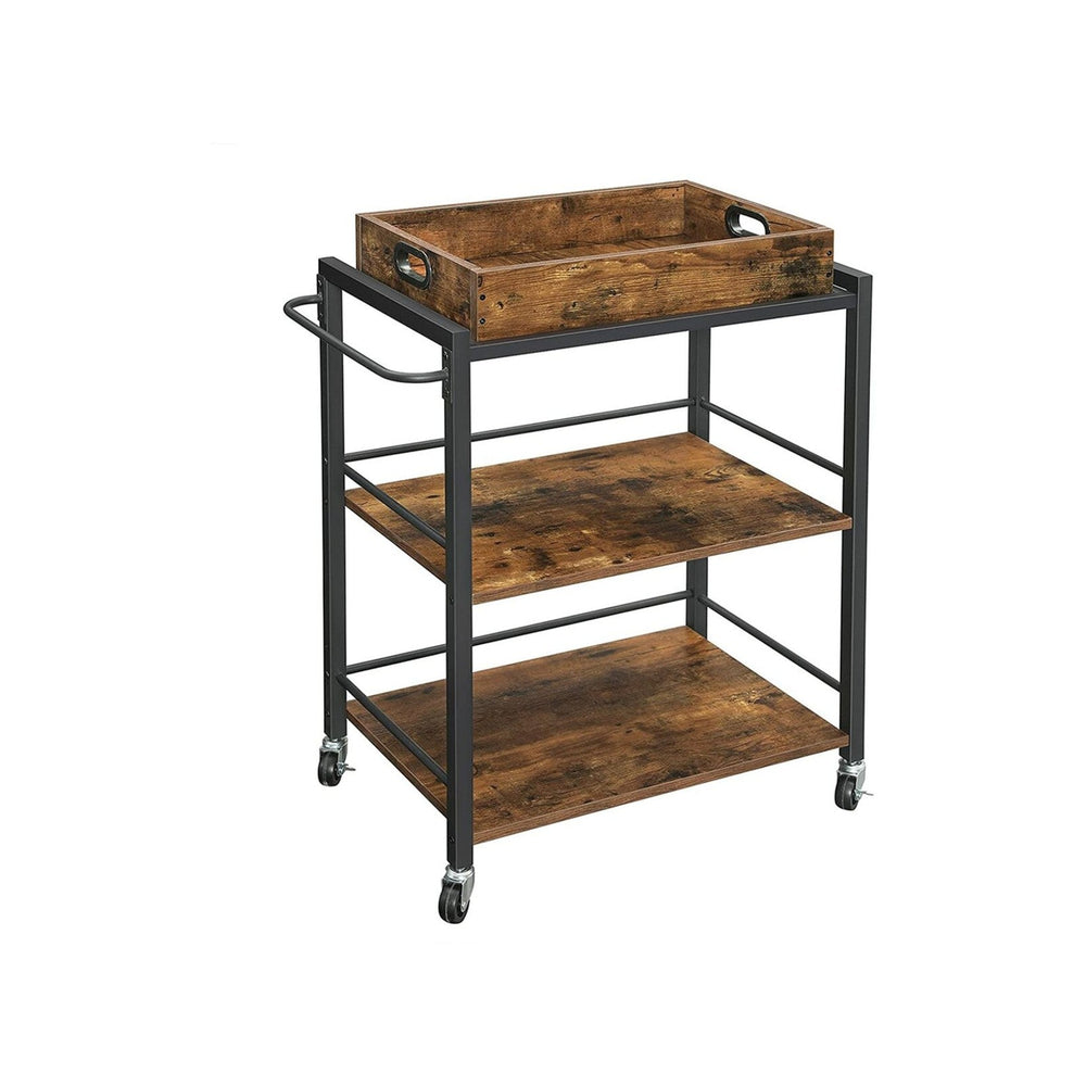 VASAGLE Kitchen Trolley Removable Tray Serving Cart Trolley Universal Castors with Brakes Leveling Feet Steel Shelf Rustic Brown