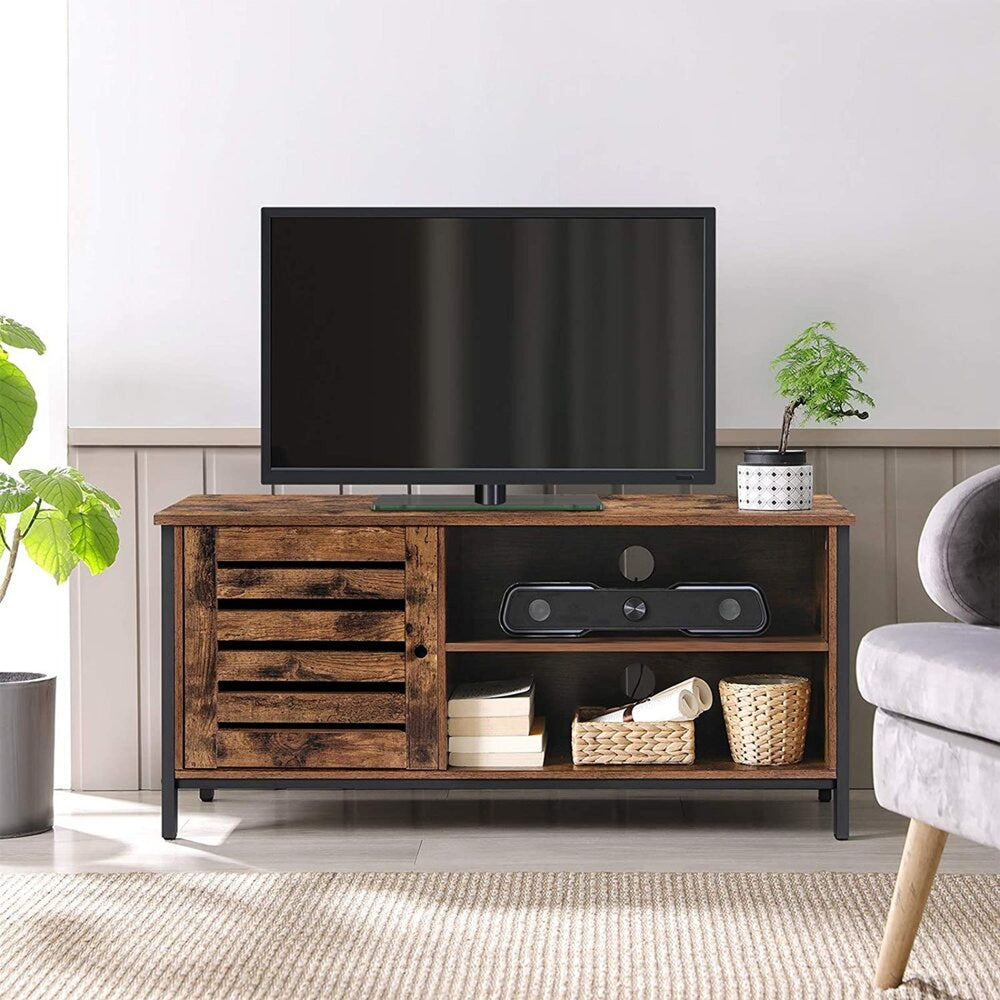 VASAGLE Industrial Rustic Brown and Black Entertainment Unit with Louvred Door and 2 Shelves