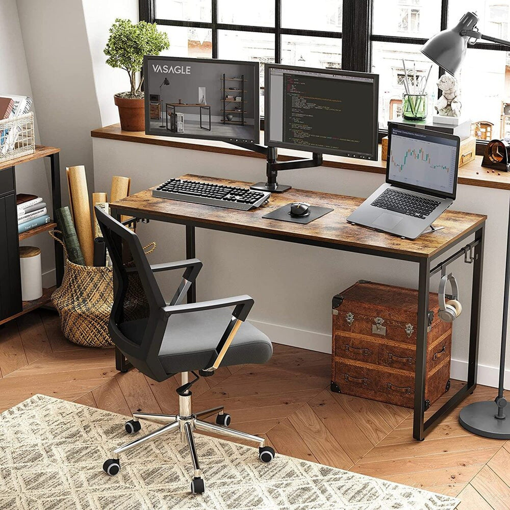 VASAGLE Rustic Brown and Black Computer Desk with 8 Hooks 140cm