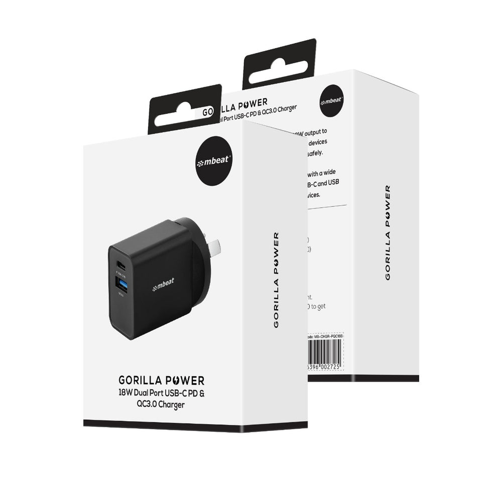 mbeat Gorilla Power 18W Dual Port USB-C PD &amp; QC3.0 Charger