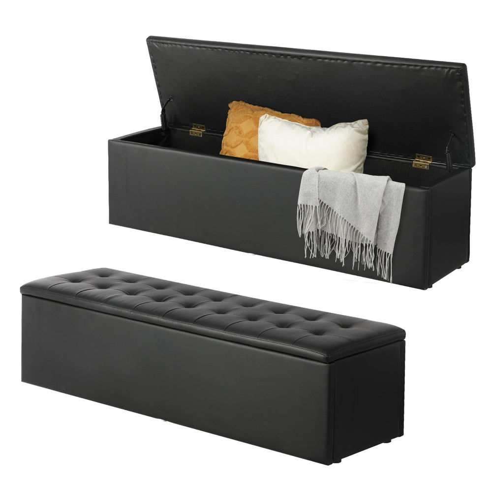 Oikiture Storage Ottoman Blanket Box Foot Stool XL Chest Toy PU Leather Black