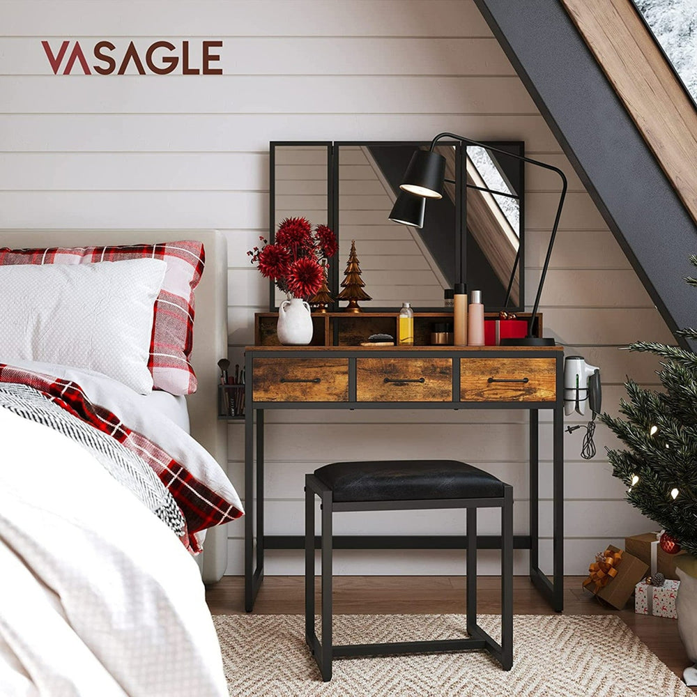 VASAGLE Dresser Table with Trifold Mirror Rustic Brown and Black