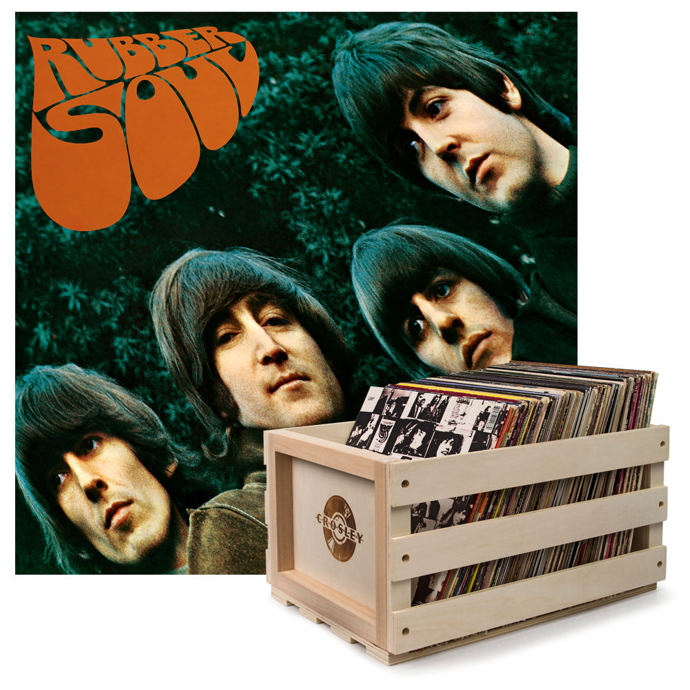 Crosley Record Storage Crate &amp; The Beatles Rubber Soul - Vinyl Album Bundle