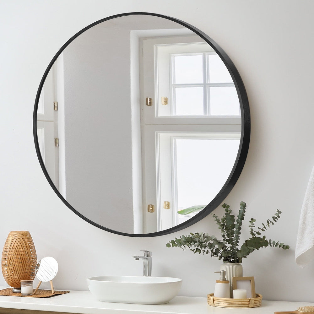 Oikiture Wall Mirrors Round Large Makeup Mirror Vanity Home Decro 90cm Black
